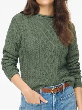 J Crew Cable Knit Rolled Mockneck Fisherman Sweater Pale Spinach Green Size M
